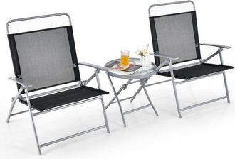Costway Conjunto Mesa y Sillas Jardin 3 Pzs, 2 Sillas con Mesa Plegables, Tela Texteline Transpirable, Encimera de Vidrio Templado, Marco de Metal