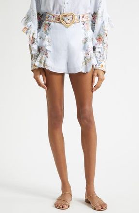 Camilla Frilled Belted Linen Shorts in Seville Sweetheart at Nordstrom, Size X-Small