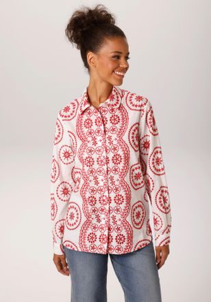 Aniston Hemdbluse ANISTON CASUAL, Damen, Gr. 36, wei&szlig;, rot, Web, Obermaterial: 100% Baumwolle, bestickt, gemustert, l&auml;ssig geschnitten h&uuml;ftbedeckend, 1-Knopf-