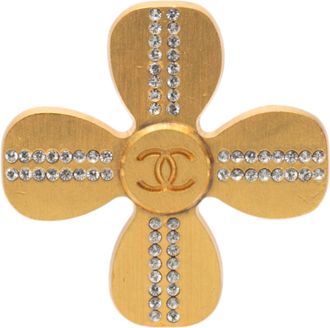 Chanel Pre-owned Womens Cc Gold Plated Rhinestones Clover Brooch - Beige - One Size