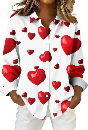 Generic Valentines Gifts for Her: Valentines Day Blouses for Women Elegant Heart Prints Turn Down Collar Button Down Shirts Tops 7 (White, S)