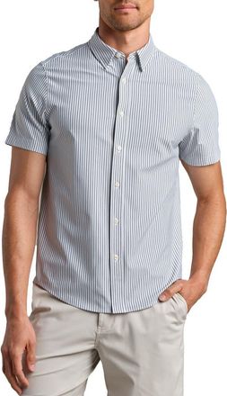 Rhone Commuter Short Sleeve Performance Button-Down Shirt in Gray Stone Wide Stripe at Nordstrom, Size Small