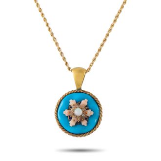 Luxury Bazaar Antique 14K Yellow Gold Turquoise and Coral Necklace MF24-080326