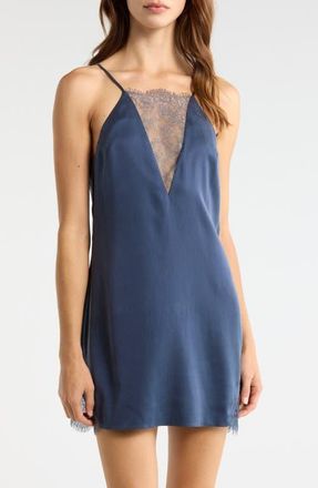 Lunya Lace Plunge Washable Silk Chemise in Deep Blue at Nordstrom, Size X-Small
