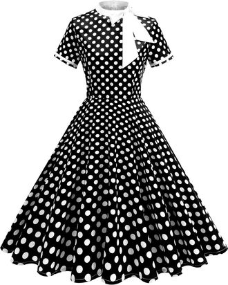 Generic Womens Vintage Polka Dot 1950s Dress Bow Tie Neck 50s Style Rockabilly Cocktail Party Work Dresses,White Milkmaid Dress Long Sleeve Summer Dresses for
