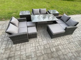 Fimous 9 Seater Wicker PE Rattan Garden Furniture Sets Outdoor Lounge Sofa Set with Oblong Dining Table Double Seat Sofa in Dark Grey