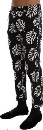Dolce & Gabbana Mens Leaf-Print Cotton Stretch Trousers Black Elastane