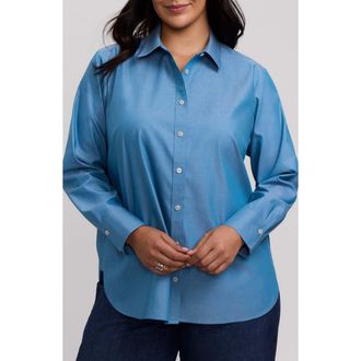 Foxcroft Meghan Non-Iron Cotton Button-Up Shirt in Soft Indigo Blue at Nordstrom, Size 1X