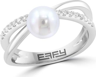 Effy Sterling Silver Freshwater Pearl & Diamond Ring in White at Nordstrom Rack, Size 7