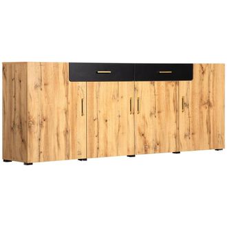 Urban Meuble Aparador veteado de madera negra 4 puertas 2 cajones tiradores dorados