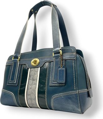 Coach Blue Blue Green Gray Leather Patent Leather Handbag Tote Bag (Pre-Owned)