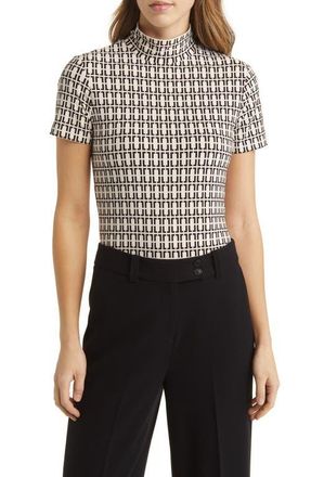 Anne Klein Geo Print Short Sleeve Mock Neck Top in Anne White/Anne Black at Nordstrom, Size Xx-Small