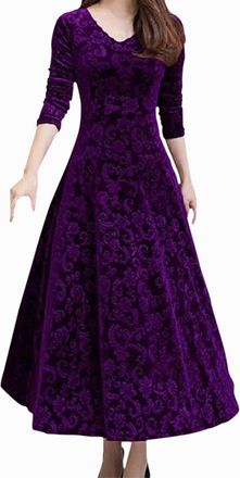Generic Dresses for Women Party UK, Womens Velvet Midi Dress Long Sleeve V Neck Floral Jacquard Midi Dresses Vintage A-Line Evening Gowns Elegant Wedding Gues