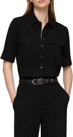 Lafayette 148 New York Finesse Crepe Button-Up Shirt in Black at Nordstrom, Size X-Small