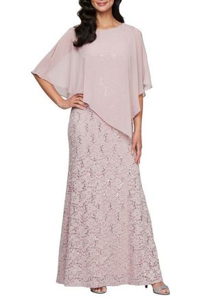 S.L. Fashions Beaded Lace & Chiffon Capelet Gown in Blush at Nordstrom, Size 14