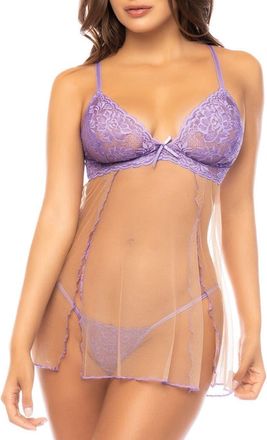 Mapalé Floral Mesh Babydoll Chemise & G-String Set in Lilac/Nude at Nordstrom, Size Small