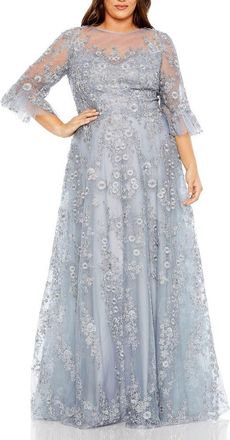 Mac Duggal High Neck Flutter Sleeve Embroidered A Line Gown in Platinum at Nordstrom, Size 22W