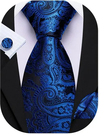 Barry.Wang Paisley Tie Blue Black Mens Silk Necktie Pocket Square Cufflinks Set Formal Wedding Party