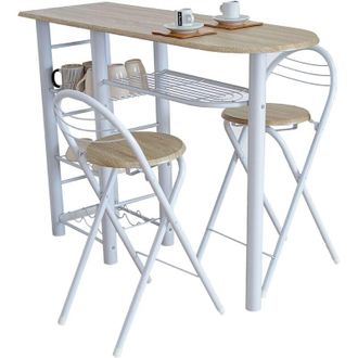 Dupi Mesa Alta De Cocina Office Estilo N&oacute;rdico En Blanco Y Madera Clara Con 2 Taburetes Plegables 40x88x120 Cm