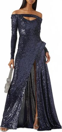 Nicole Bakti Off-Shoulder Long Sleeve Gown In Royal