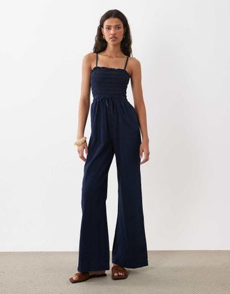 Asos Tuta jumpsuit arricciata in denim lavaggio inchiostro-Blu