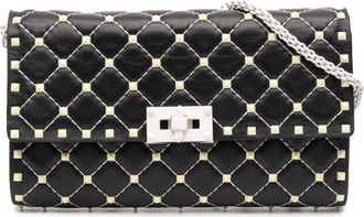 Valentino Pre-owned Womens Quilted Lambskin Free Rockstud Spike Wallet On Chain - Black Leather - One Size