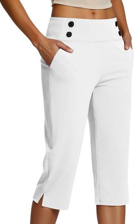 Generic Womens High Waist Capri Trousers Summer Stretch 3/4 Cropped Yoga Pants with Pockets Tracksuit Bottoms Gym Joggers Regular Fit Leggings Button Decorati