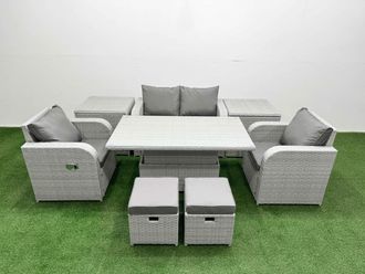 Fimous Light Grey PE Wicker Rattan Garden Furniture Set Sofa Set Reclining Chair Adjustable Lifting Dining or Coffee Table 6 Seater 2 Small Stools 2