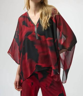 Joseph Ribkoff Abstract Print V-Neck Poncho Top In Black/red