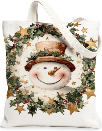 Generic Snow Man Canvas Tote Bags, Holiday Winter Decor Reusable Grocery Bags, Cute Festive Lightweight Washable Shoulder Strap Canvas for Shopping Beach Picn