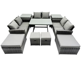 Fimous 10 Seater Outdoor Table Double Seat Sofa 4 Stools 2 Side Table Set in Dark Grey