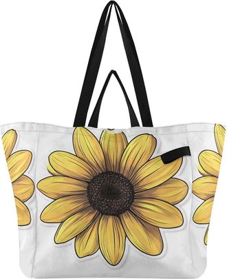 Generic Sunflower Flower Yellow pattern Reusable Canvas Tote Bag, Heavy Duty Grocery Shopping Bag with Hard Bottom Double Handles Large Capacity Work Grocerie