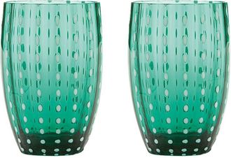 Zafferano Perle Bicchiere Verde - Vetro Colorato Soffiato a Bocca, 32 cl, Lavorato a Mano - Set da 2 Tumblers Artigianali per Acqua o Cocktail - Zafferano