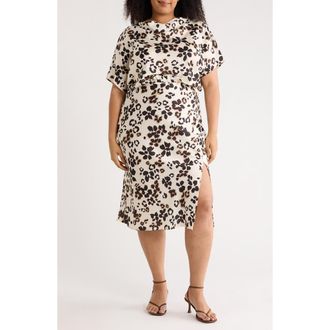 Renee C Floral Short Sleeve Satin Midi Dress in Beige at Nordstrom Rack, Size 1 X
