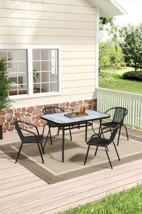 Living and Home Rectangle Garden Tempered Glass Table with 4 PE Rattan Chairs in Grey