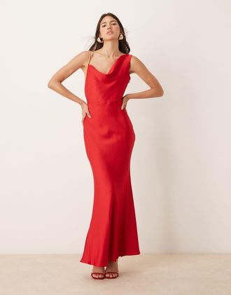 Ever New dropped shoulder satin maxi dress in red