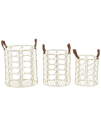 CosmoLiving by Cosmopolitan Cosmoliving By Cosmopolitan Set Of 3 Gold Metal Storage Basket With Faux Leather Handles