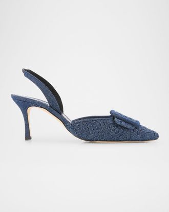 Manolo Blahnik Maysli Chambray Buckle Slingback Pumps