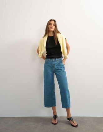 Topshop Jeans corti comodi a vita medio alta verde cast-Blu