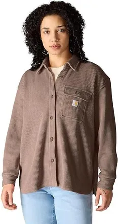 Carhartt Work in Progress Shirt Women Sepia Waffle Knit Long Sleeve Button Up Workwear JAX1420