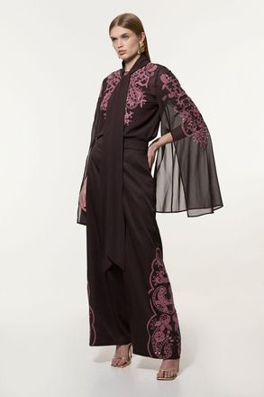 Karen Millen Womens Cutwork Beaded Twill Wide Leg Woven Trouser - Chocolate - Size 10 UK