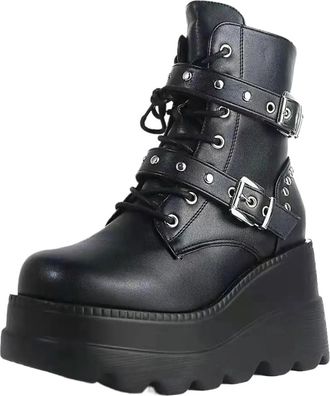 Generic Punk Womens Pu Leather Ankle Boots Women Autumn Winter Round Toe Lace Up Shoes Woman Motorcycle Platform Gothic Shoes(10.5US)