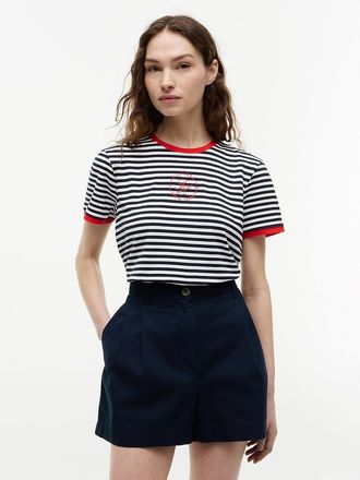 Tommy Hilfiger Womens Nautical Script Monogram Ringer T-Shirt - Navy Blue / Ecru Stripe - XXS