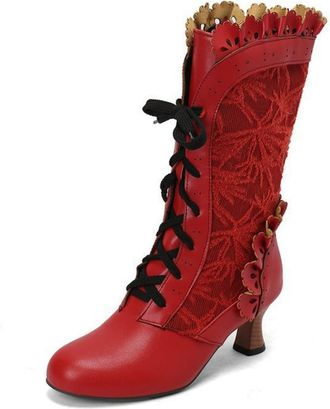 Generic Womens Lace Up Mid-Calf Boots Round Toe PU Leather Vintage Victorian Shoes Kitten Heel Long Boots,Red,4.5 UK