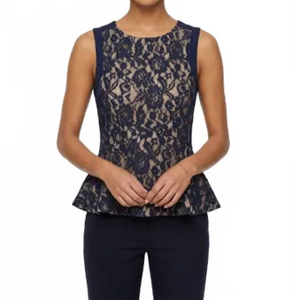 Finders Keepers Sleeveless Floral Lace Peplum Top In Navy