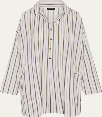 Eskandar Sloped-Shoulder Wide A-Line Artists Smock With Pleated Collar (Long Plus Length)