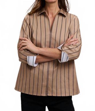 Foxcroft Agnes Dotted Stripe 3/4 Sleeve Shirt In Almond