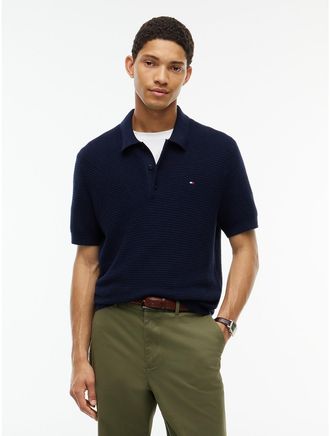 Tommy Hilfiger Mens Short-Sleeve Cotton-Cashmere Sweater Polo - Navy Blue - XL