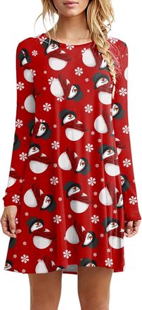 Generic Dresses for Women UK Womens Christmas Party Dress Xmas Print Casual Midi Dress Round Neck Long Sleeve Shirt Pleated Loose Swing Tops