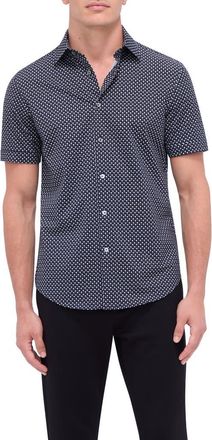 Bugatchi Miles OoohCotton Palm Print Short Sleeve Button-Up Shirt in Black at Nordstrom, Size Xxx-Large